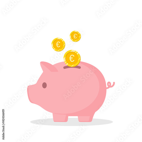 Piggy bank with euro currency coins save money vector illustration. Saving, investing and accumulation money. Pig in a flat style. Cute pig shaped money box with falling European gold coins.