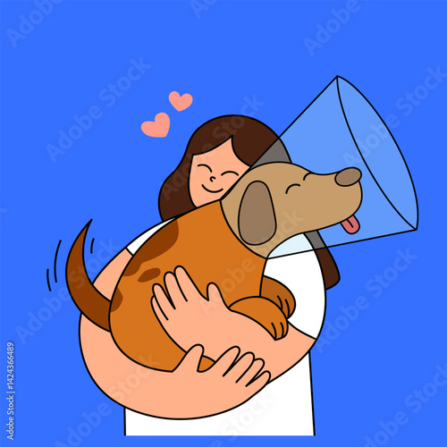 Vector illustration of a smiling woman hugging her injured brown dog wearing a protective cone. The image conveys love, care, and compassion for pets during their healing process. 