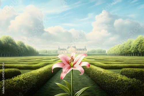 A pink lily stands in a majestic garden maze.