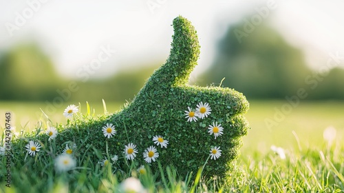 Green thumbs up covered in grass and daisies in a field of grass on a sunny day in the summer time