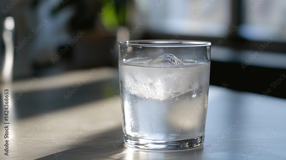 A glass of water with ice cubes in it sits on a table. The glass is half full, and the ice cubes are floating in the water. Concept of refreshment and relaxation, as the cold water A glass of water with ice cubes in it sits on a table. The glass is half full, and the ice cubes are floating in the water. Concept of refreshment and relaxation, as the cold water