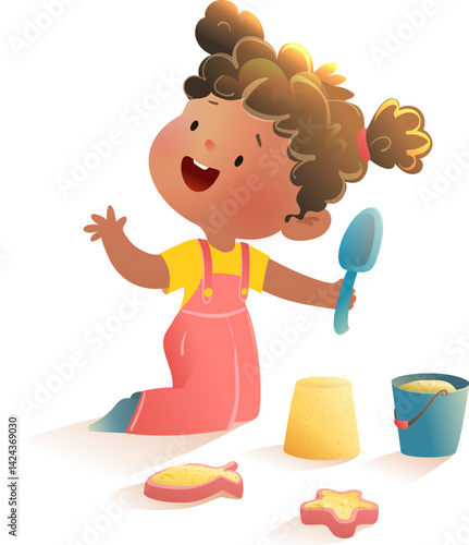 Cute Black girl playing with sand and toys building a sandcastle. Little child in sandbox with tools and toys having fun. Isolated vector clipart illustration for preschool kids and small children.