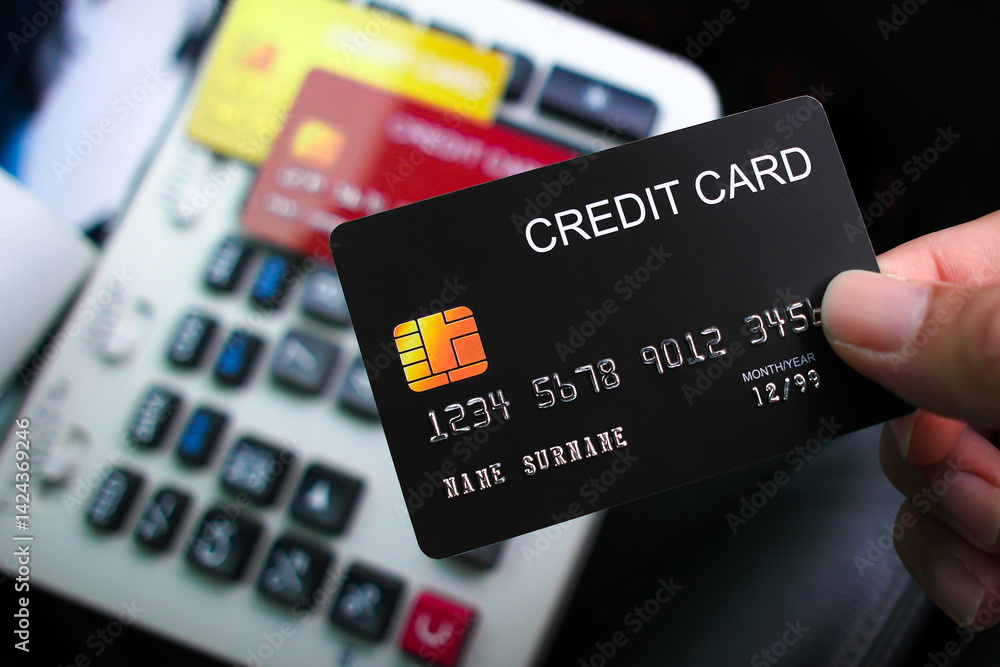 A hand holds a black credit card over a card reader or keypad, suggesting a transaction or payment process. Electronic payment, credit card processing.