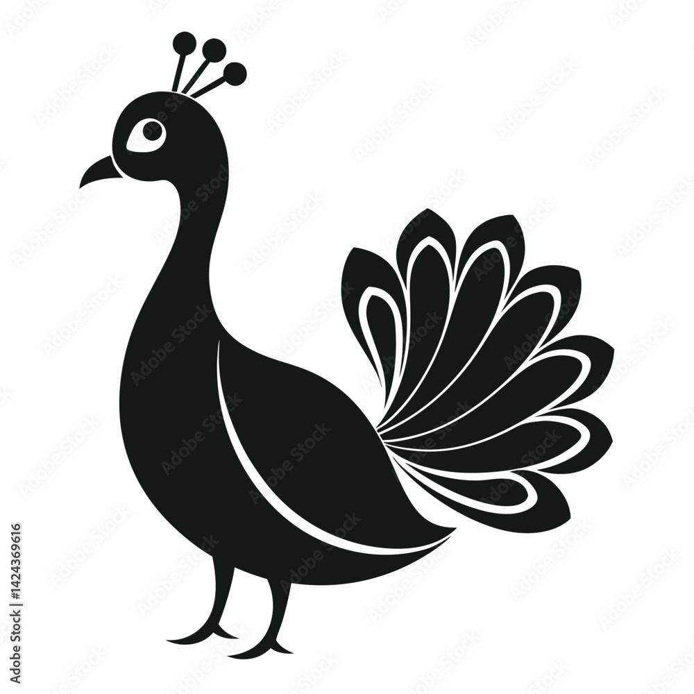 Fototapeta premium Elegant Black Peacock Silhouette Indian Art, Bird Icon, Stylized Design