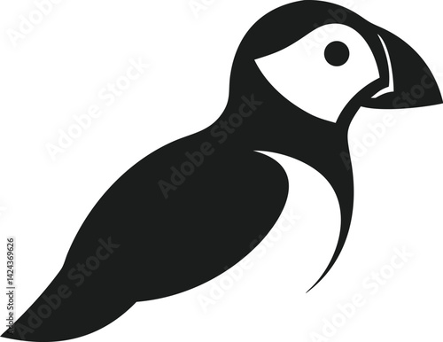 Atlantic Puffin Bird Icon, Black and White Silhouette, Coastal Wildlife