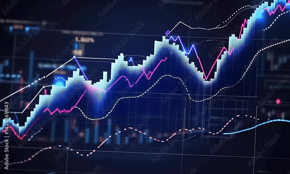 A stock market graph with red and blue lines, displaying trends in the financial landscape. A digital display showing real-time trading data on stock charts or financial market symbols. The background A stock market graph with red and blue lines, displaying trends in the financial landscape. A digital display showing real-time trading data on stock charts or financial market symbols. The background