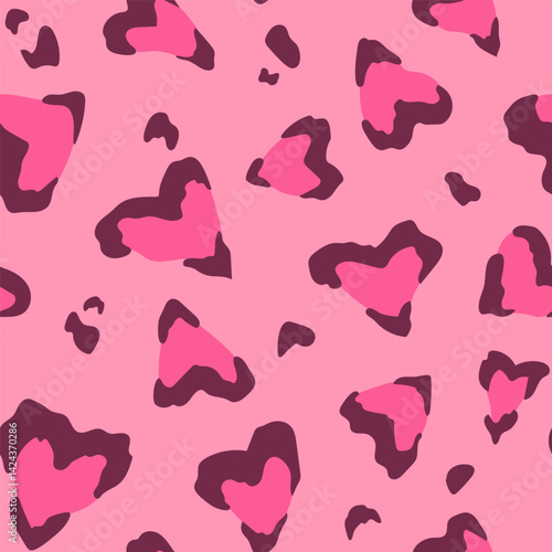 Pink Leopard Hearts Seamless Pattern, cute trendy bright texture imitating cheetah's spots, but heart-shaped. Funny romantic playful style.