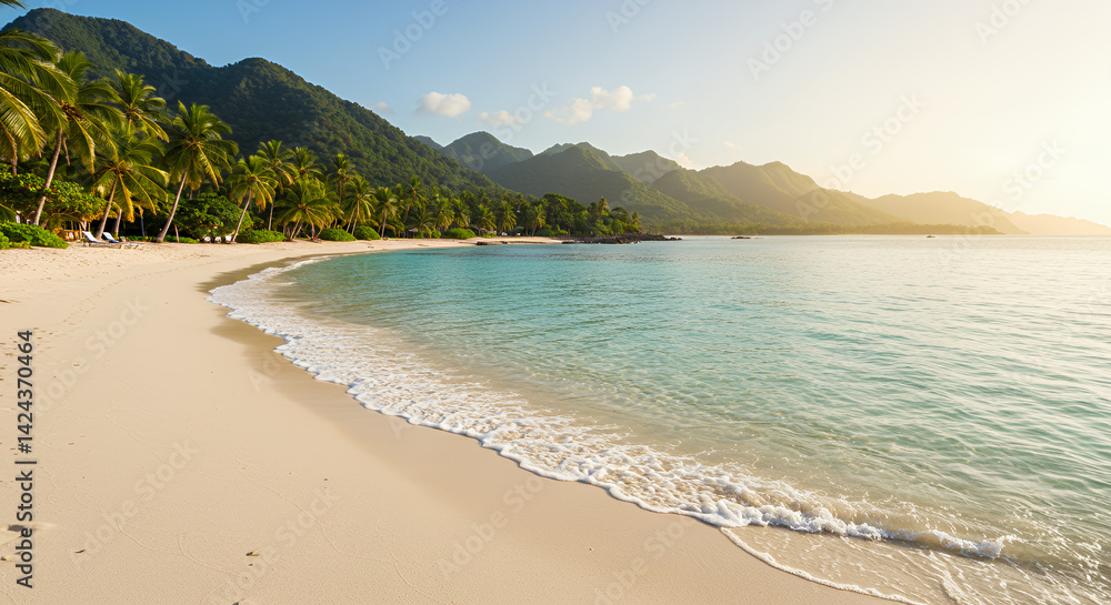 Tropical Beach with Palm Trees and Mountains Scenic Ocean View Tropical Beach with Palm Trees and Mountains Scenic Ocean View