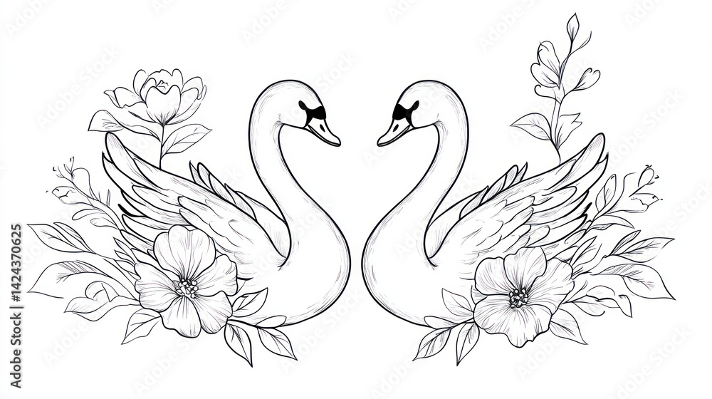 Fototapeta premium Two Swans Embrace, Floral Frame, White Background, Romantic Art, Wedding Invitation