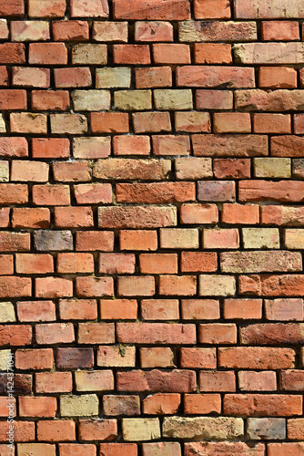 Obraz na płótnie A textured brick wall displays various shades of red, brown, and beige in a classic running bond pattern w salonie