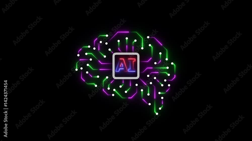 Digital Brain Artificial Intelligence Network Connection. Digital animation of a glowing brain with connected network of lines and dots in the foreground. Digital Brain Artificial Intelligence Network Connection. Digital animation of a glowing brain with connected network of lines and dots in the foreground.