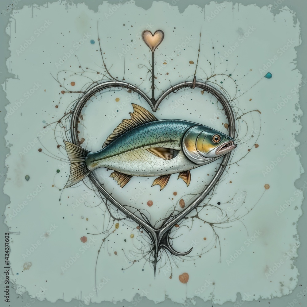Artistic fish illustration in a heart design on a textured background -