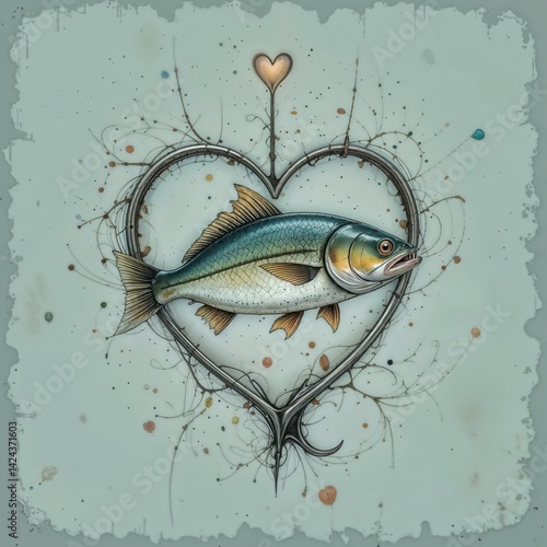 Obraz na płótnie Artistic fish illustration in a heart design on a textured background - w salonie
