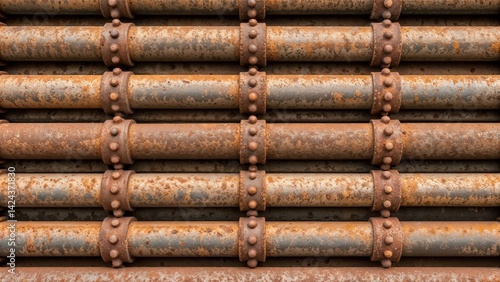 Obraz na płótnie Rusty metal pipes stacked in a row against a textured background w salonie