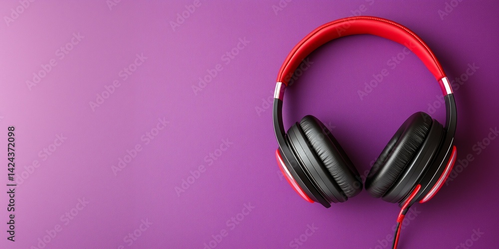 Red Headphones on Purple Background with Copy Space. Red Headphones on Purple Background with Copy Space.