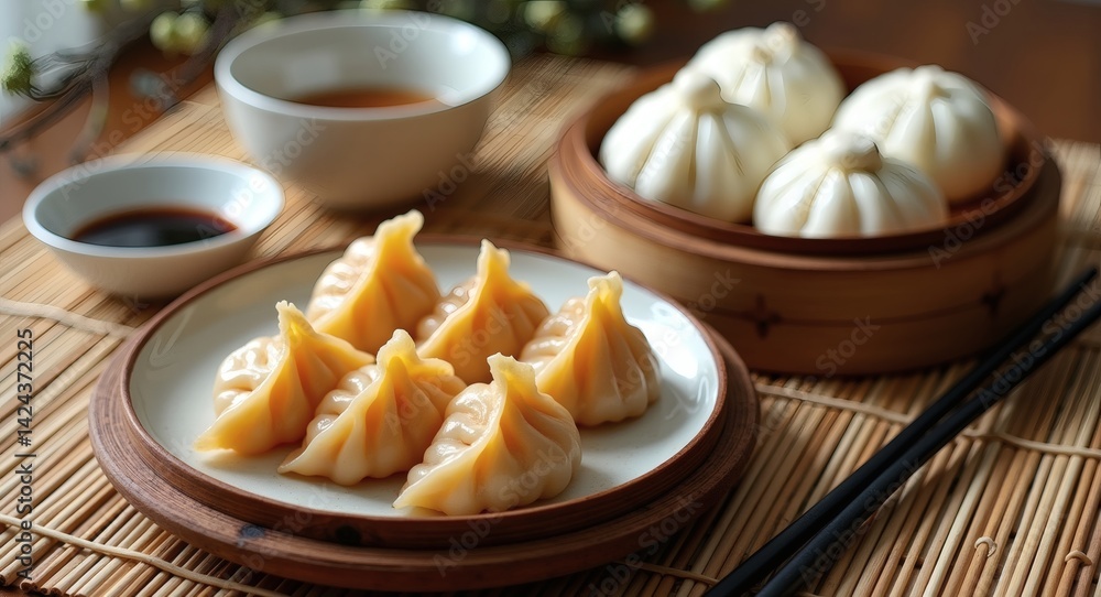 Dim Sum Steamed Asian Dumplings and Rice Rolls in Bamboo Baskets on Wooden Background Dim Sum Steamed Asian Dumplings and Rice Rolls in Bamboo Baskets on Wooden Background