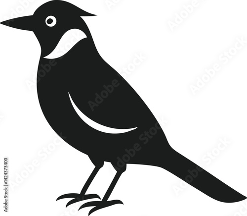 Vector illustration of silhouette blue jay, bird, alert posture, profile view, wild design