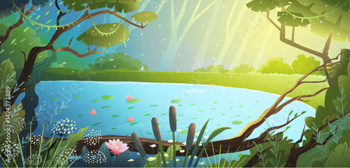 Magical fairy tale pond in forest with sun beams coming through trees. Sunlit forest lake in the woods. Vector illustration, hand drawn forest nature background. Cartoon for kids in watercolor style