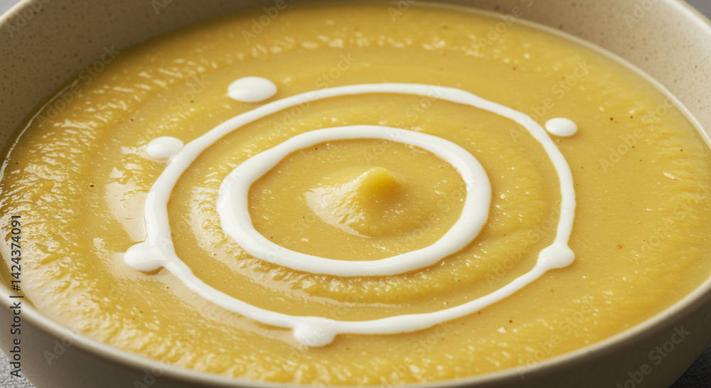 Delicious homemade squash soup with cream served in a ceramic bowl Delicious homemade squash soup with cream served in a ceramic bowl