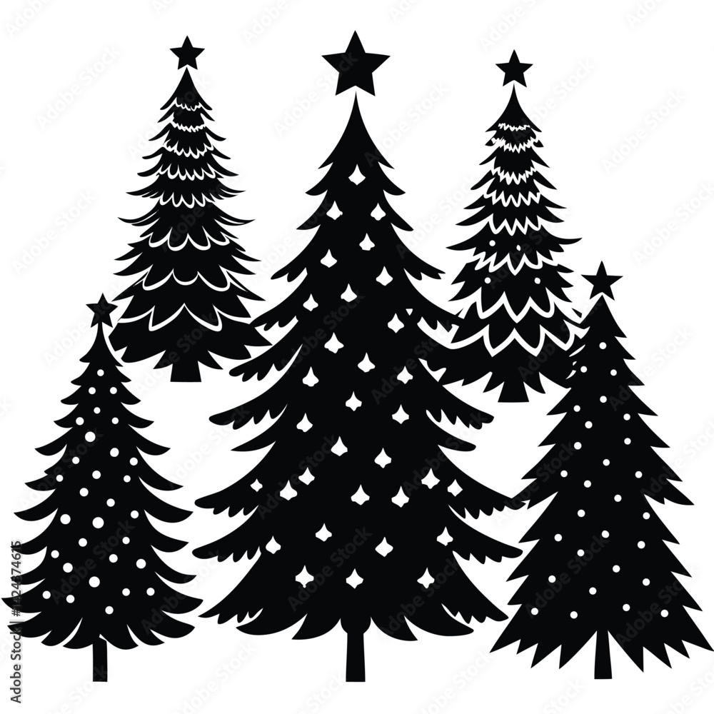 Obraz premium Silhouette Christmas Trees with Stars and Decorations
