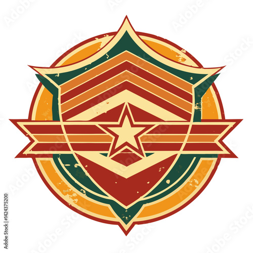 A retro-styled military emblem, a proud symbol of honor and service, features a central star flanked by wings within a distressed shield, set against a vibrant circular backdrop of warm, earthy tones.