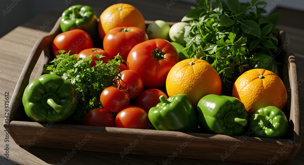 Fresh Produce Arrangement Of Tomatoes, Oranges, Herbs, Peppers On Rustic Tray Fresh Produce Arrangement Of Tomatoes, Oranges, Herbs, Peppers On Rustic Tray