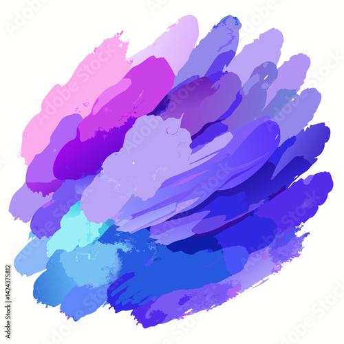 A vibrant explosion of purple, blue, and pink hues, a dreamy watercolor wash evoking feelings of serenity and joy in a dynamic, abstract style.