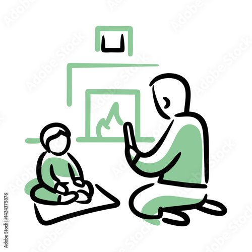 Grandparent guiding child in drawing near a cozy fireplace  