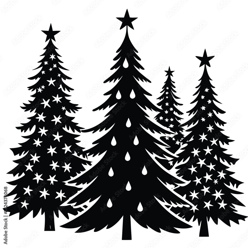 Obraz premium Black and White Silhouette of Christmas Trees with Stars
