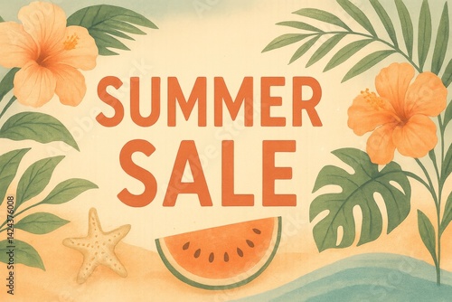 Summer Sale Announcement With Tropical Elements Featuring a Watermelon and Fl...