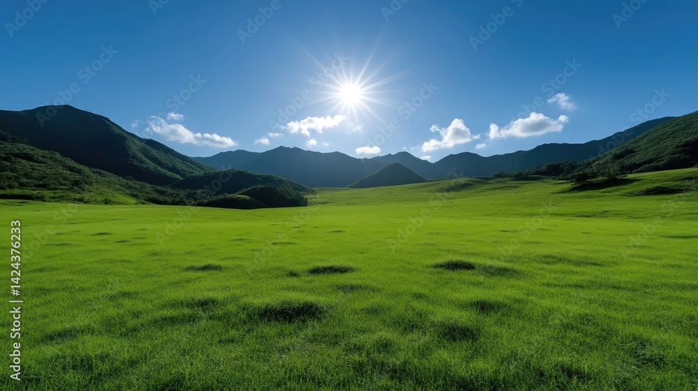 Fototapeta premium Bright sun shining over a vast green meadow surrounded by distant mountain ranges under a clear blue sky.