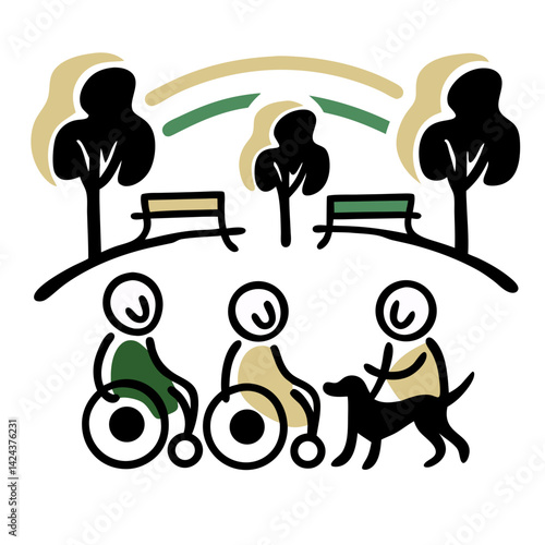 Friends enjoying park life with assistive devices and a dog  