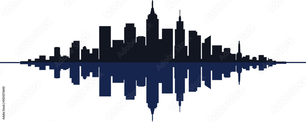 Fototapeta premium City skyline silhouette with mirrored reflection in black and navy blue vector illustration