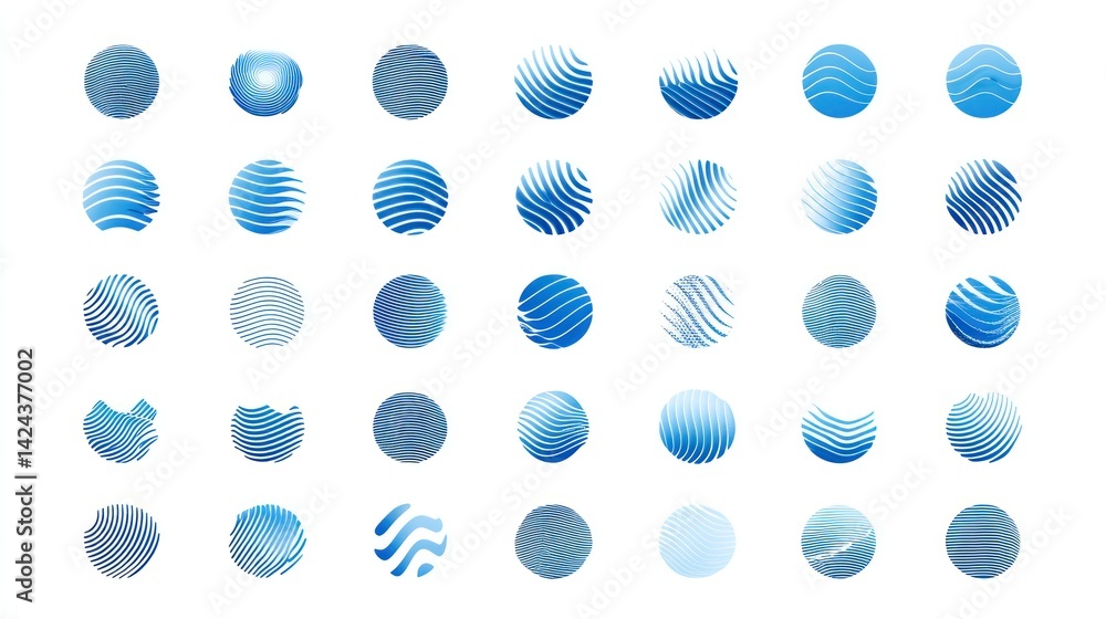 Fototapeta premium Blue circle design elements, abstract wave patterns, white background, website graphics