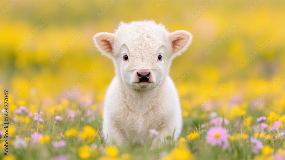 White Calf in Spring Meadow, Soft Fur, Vibrant Natural Light, Close-up Frontal View, Innocent Expression, Gazing Directly, Floral Field Background, Bright Cheerful Hues, Perfect for Calendars White Calf in Spring Meadow, Soft Fur, Vibrant Natural Light, Close-up Frontal View, Innocent Expression, Gazing Directly, Floral Field Background, Bright Cheerful Hues, Perfect for Calendars