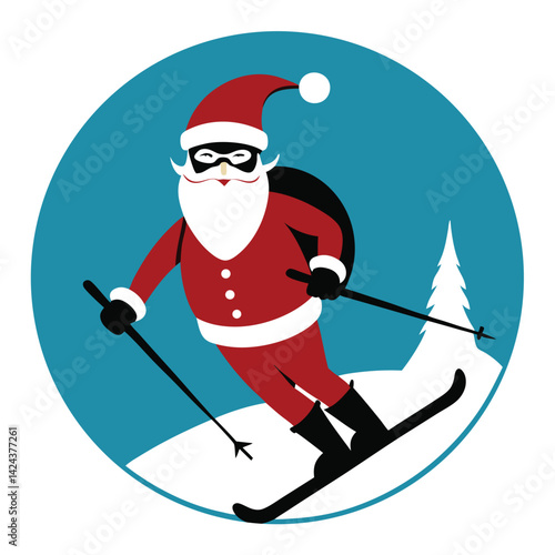 Santa Claus Skiing Downhill with a Sack of Gifts