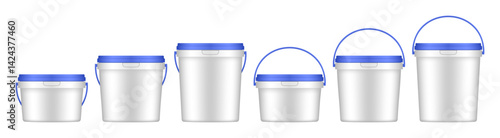 White plastic buckets with blue handle and lid. Vector mockup of a food or building mixtures packaging. A bucket of paint or putty. Small, medium and large sizes