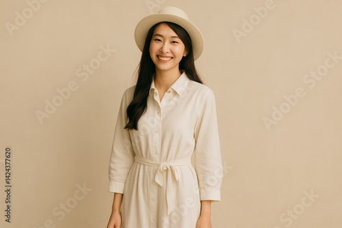Woman in White Dress and Hat Poses Against Neutral Background With a Warm Smile