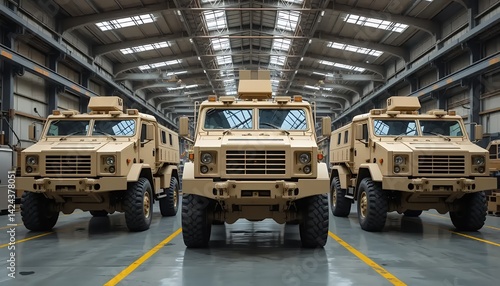 Armored vehicle line up in warehouse