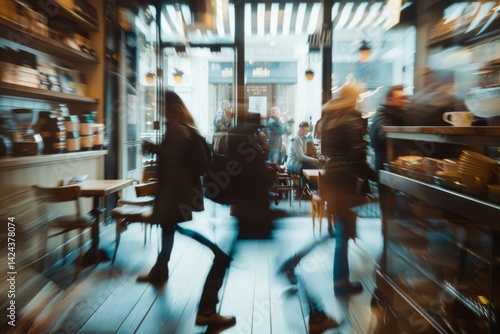 Blurred customers walking fast movement in coffee shop or cafe restaurant