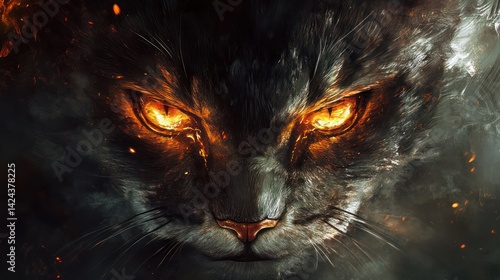 Fiery cat's intense gaze in dark scene. Possible use Digital art, fantasy, or dramatic animal photography