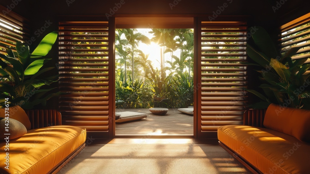 Fototapeta premium Sunny porch view into a lush tropical outdoor patio
