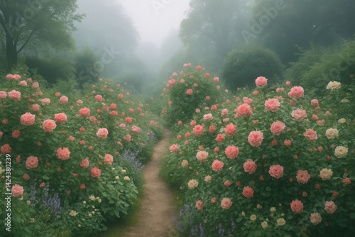 Stunning Rose Garden in the Early Morning Fog Showcasing Vibrant Blooms Along...