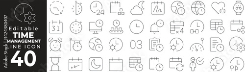 Time Management Icon Set: A Line Icon Collection Featuring Clock, Calendar, Planner, Focus, Deadline, and More