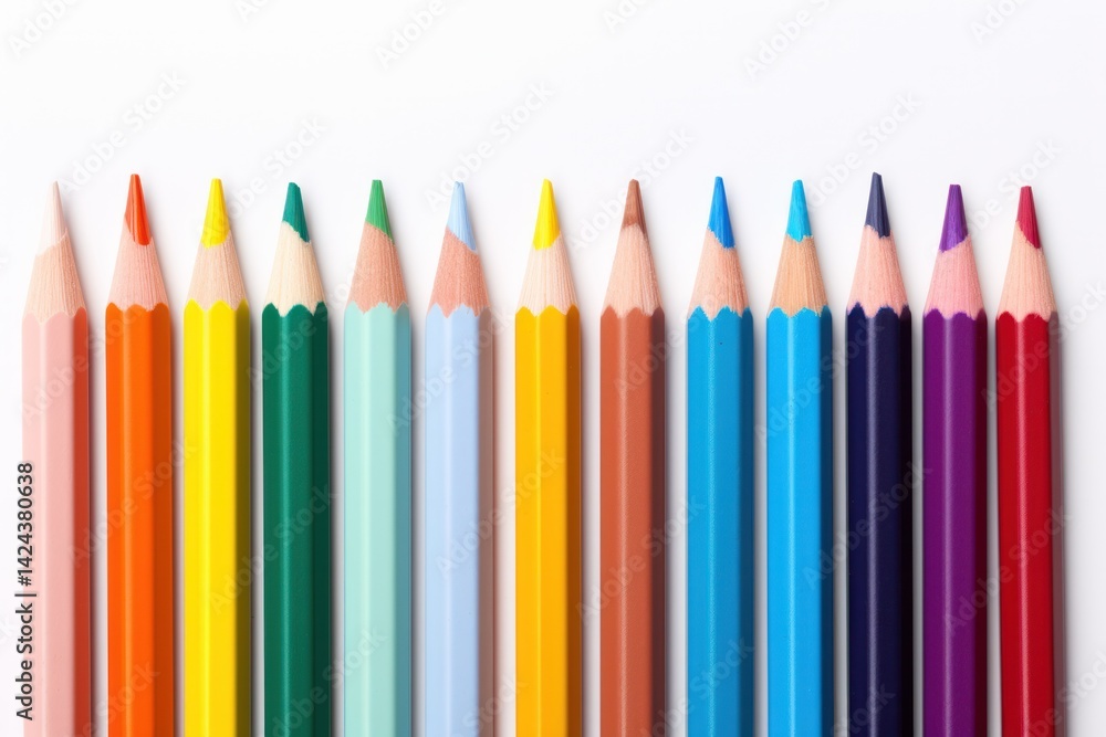 collection of seven varicolored pencils arranged in a neat row displaying a spectrum of bright colors collection of seven varicolored pencils arranged in a neat row displaying a spectrum of bright colors