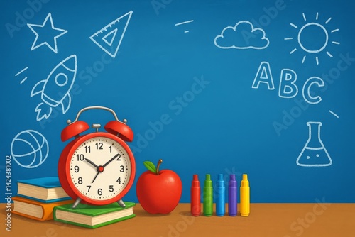 Colorful Classroom Supplies and Decoration on Blue Background With Clock, Boo...