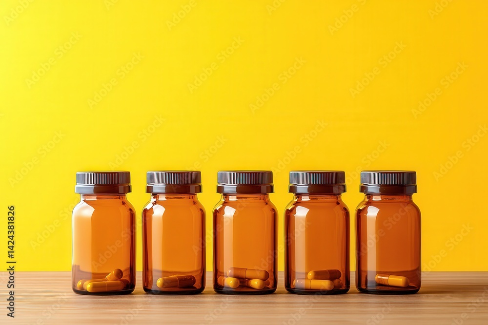 Amber glass jars of capsules arranged on a wooden surface. Amber glass jars of capsules arranged on a wooden surface.
