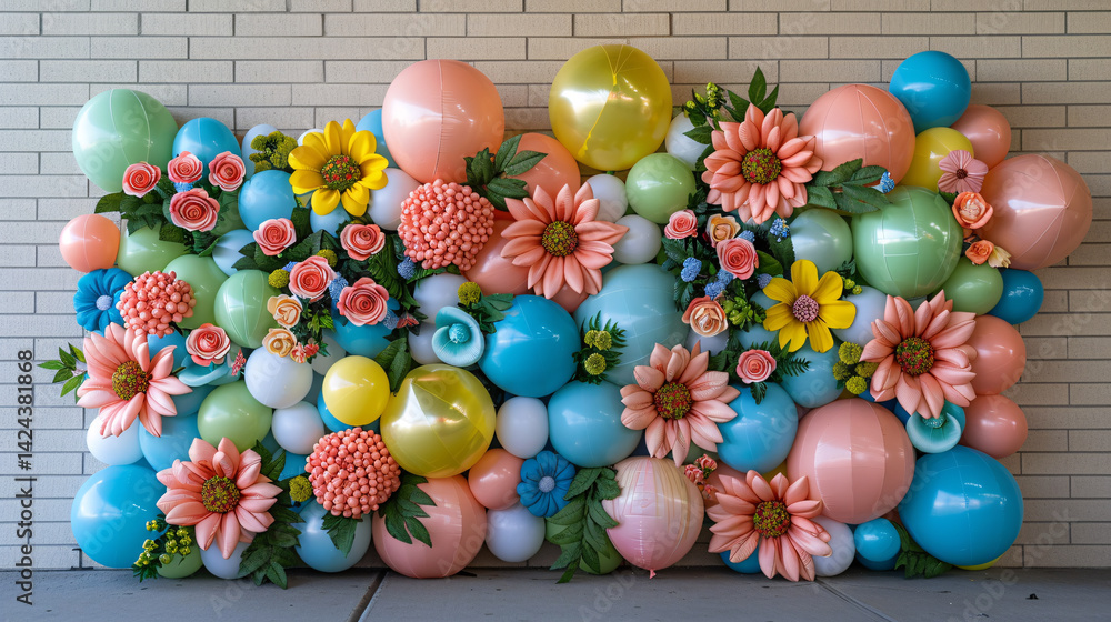 Obraz premium Creating a festive ambiance with a lovely display of balloons and paper flowers on the wall for a memorable event