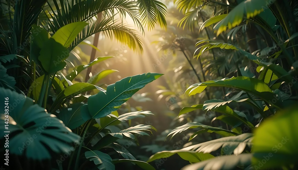 Fototapeta premium 3D Tropical Leaves Summer Background 3D tropical foliage background featuring dense green monstera and palm leaves with depth of field and warm sunlight filtering through for a vibrant summer atmosphe