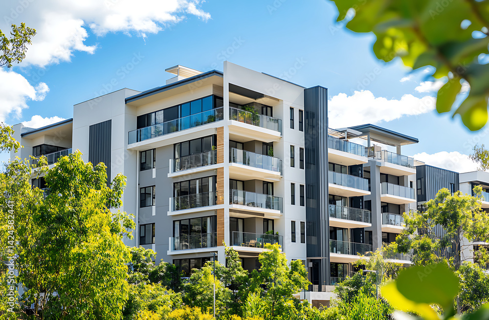 Fototapeta premium Photo of a modern apartment building in Sydney, Australia. The exterior is white and grey with balconies. There are trees around the buildings, and it is a sunny day with a blue sky. 